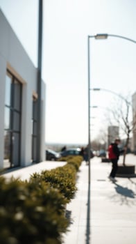 Blurred Street Scene with Green Bushes photo