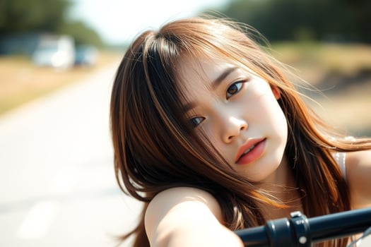 Closeup Portrait of a Beautiful Young Woman with Long Brown Hair photo