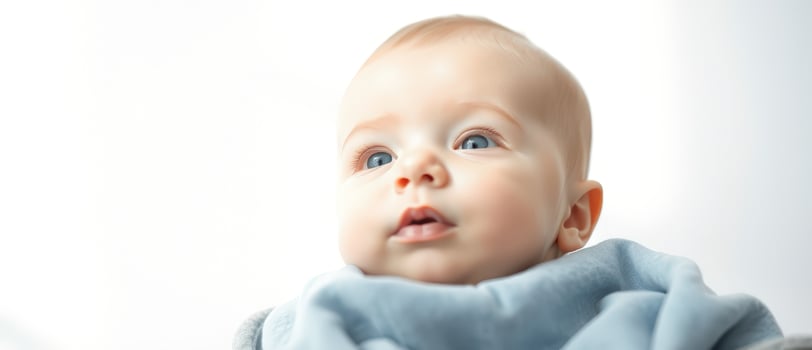 Portrait of a curious baby with blue eyes photo