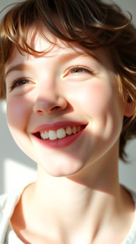 Closeup of a smiling young woman with sunlit skin photo