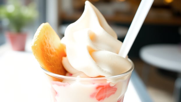 Close-up of a Creamy Dessert with Whipped Cream and Fruit photo