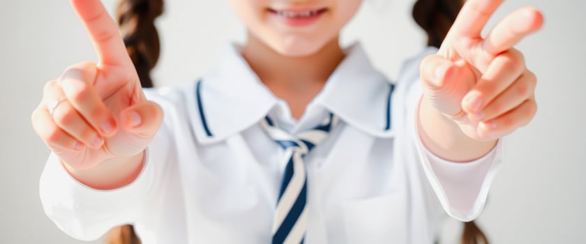 Happy Young Girl in a White School Uniform with a Blue and White Striped Tie Showing Peace Signs photo