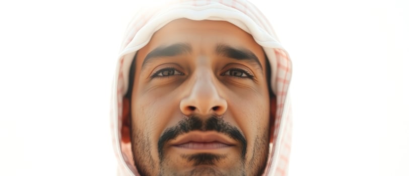 Close-up portrait of a young man with a mustache wearing a traditional Arabic headdress photo