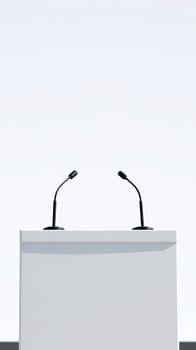 Two Microphones on a White Podium photo