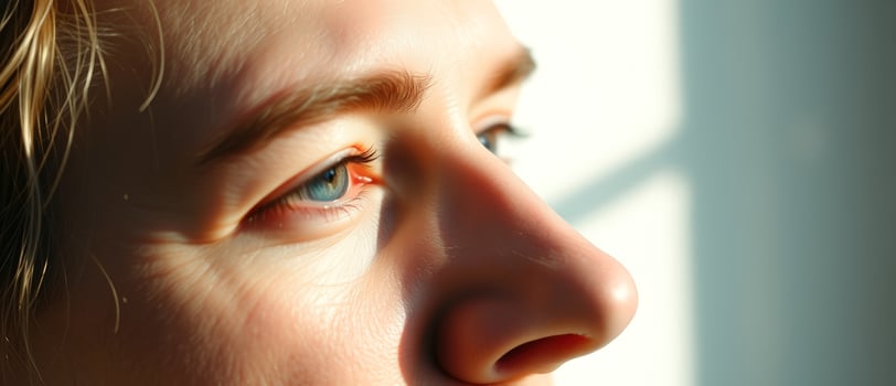 Close-up of a woman's eye and nose, lit by sunlight photo