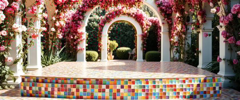 Colorful Mosaic Steps Under a Rose Archway photo