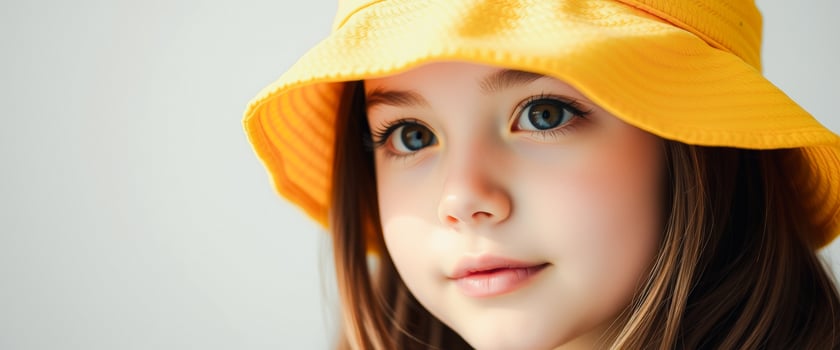 Close-up portrait of a young girl wearing a yellow hat photo