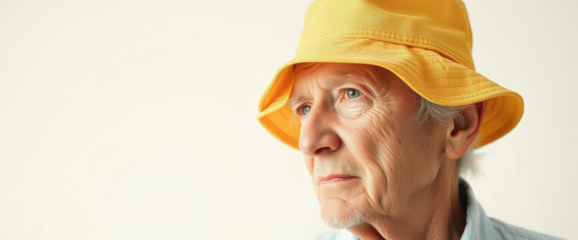 Elderly man in a yellow hat looking off to the side photo