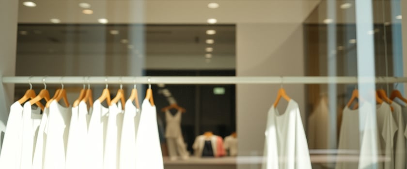 Blurred view of white clothes hanging on hangers in a clothing store photo