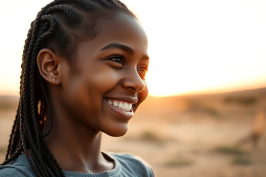 Portrait of a young black woman smiling in the sunset photo