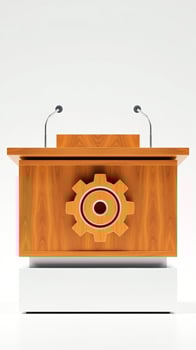 Wooden podium with gear symbol and microphones photo