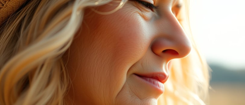 Close-up of a woman's face with sunlit skin and hair photo