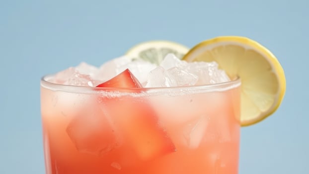 Closeup of Pink Lemonade with Lemon Slice and Ice photo
