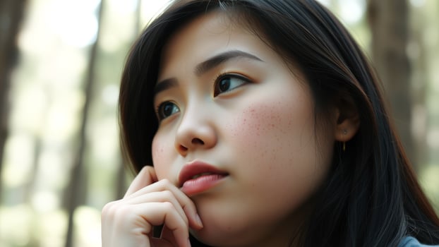 Close-up portrait of a young woman with freckles photo
