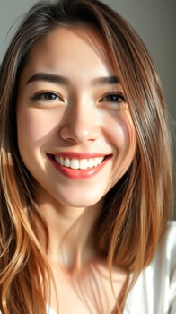 Portrait of a Smiling Woman with Long Brown Hair photo