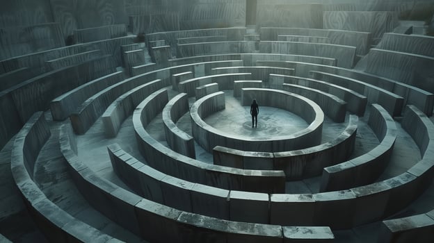 Person Standing at Entrance of Enormous Stone Maze Highlighting Mystery and Solitude in an Intricate Architectural Setting photo