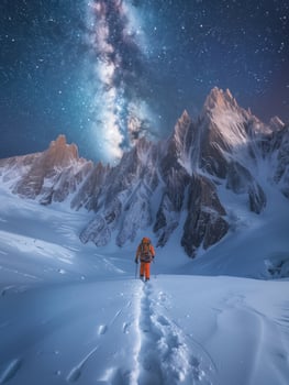 Majestic Milky Way Over Snow-Covered Mountains With Climber in Vibrant Gear at Night photo