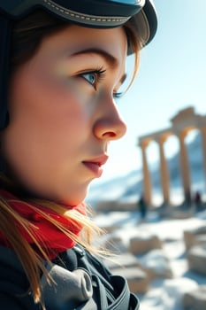 Young Woman in Winter Gear Gazing at Ancient Ruins photo