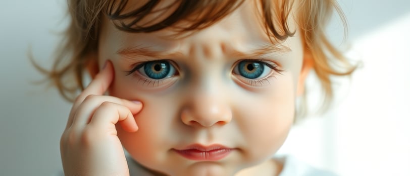 Close-up portrait of a thoughtful young girl with blue eyes photo