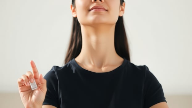 Woman in black shirt holding small clear object with finger pointed upward photo