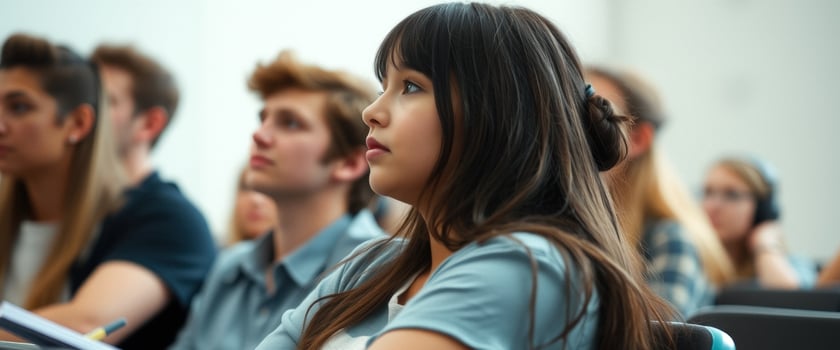 Young woman listening intently in a lecture hall photo