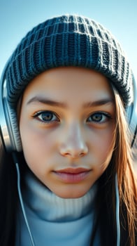 Young girl listening to music with headphones and a beanie photo