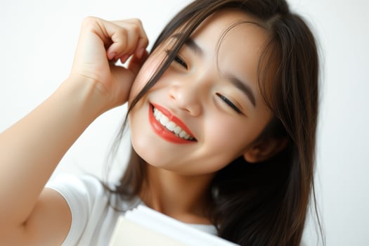 Closeup portrait of a beautiful young woman smiling with her hand on her cheek photo