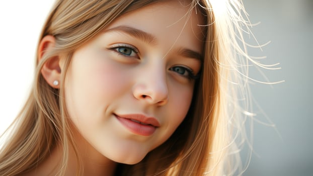 Close-up portrait of a young woman with blonde hair and blue eyes photo