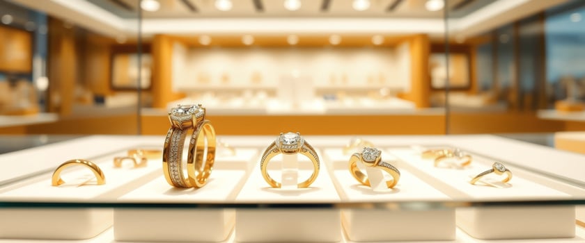 Close Up of Golden Diamond Rings in Jewelry Store Display photo