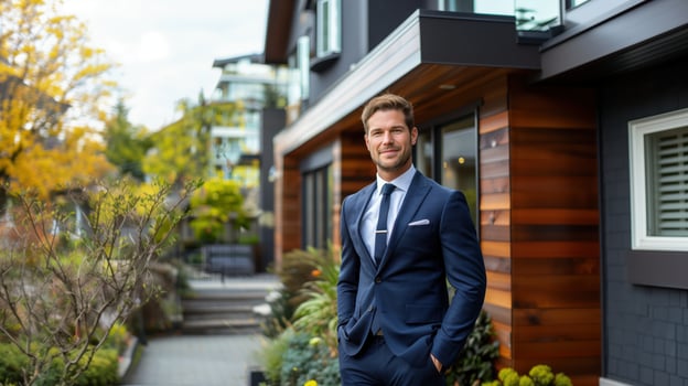 Confident Businessman Standing in Front of Modern House in Urban Neighborhood Surrounded by Greenery photo