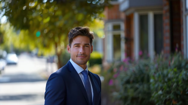 Confident Young Professional in Blue Suit Standing Outdoors on Sunny Day in Urban Residential Setting photo