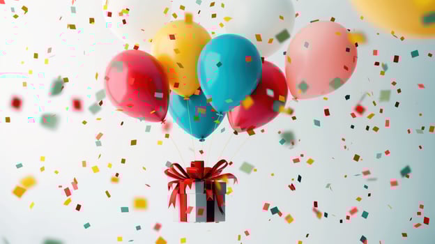Colorful Balloons and Gift Box with Confetti for Celebration and Festive Event Prize photo