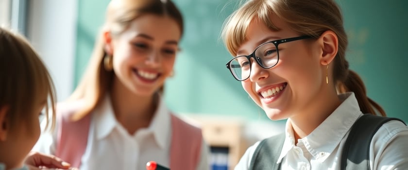 Happy schoolgirl with glasses and teacher in classroom photo