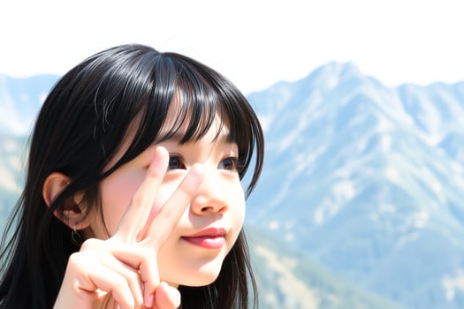 Young woman making peace sign with mountains in background photo