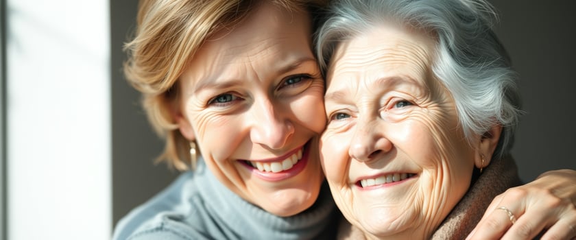 Portrait of a young woman embracing her elderly mother photo