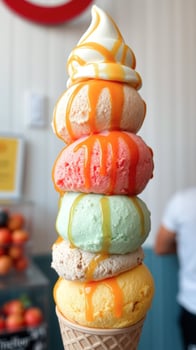 Multi-colored ice cream cone with caramel sauce photo