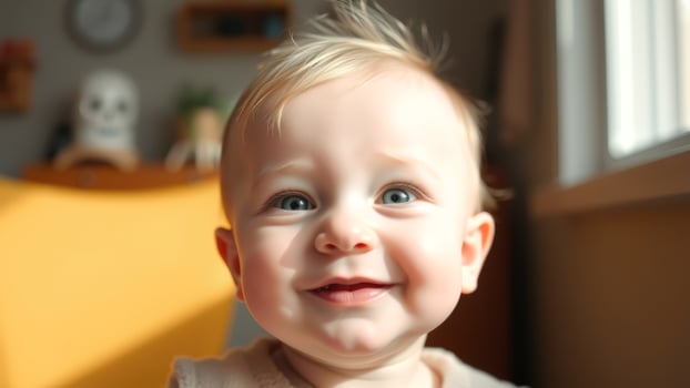 Adorable Baby Girl Smiling With Bright Blue Eyes photo
