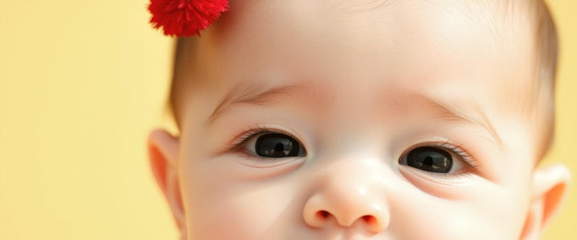 Close-up of a Baby's Face with a Red Flower in Hair photo