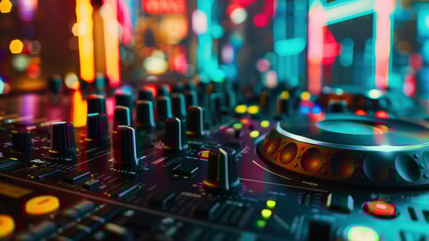 Vibrant DJ Console With Colorful Lights in Deep House Style Music Scene photo