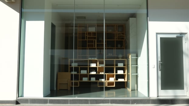 Modern storefront with glass windows and a wooden shelf display photo