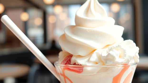 Closeup of a Whipped Cream Dessert with a Spoon photo