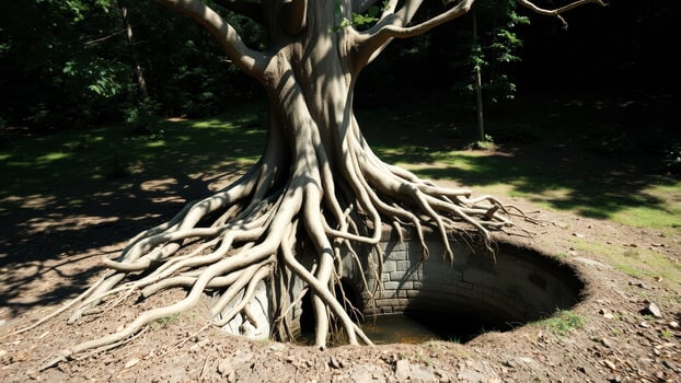 Tree roots growing over a stone well photo