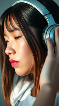 Young woman listening to music with headphones photo