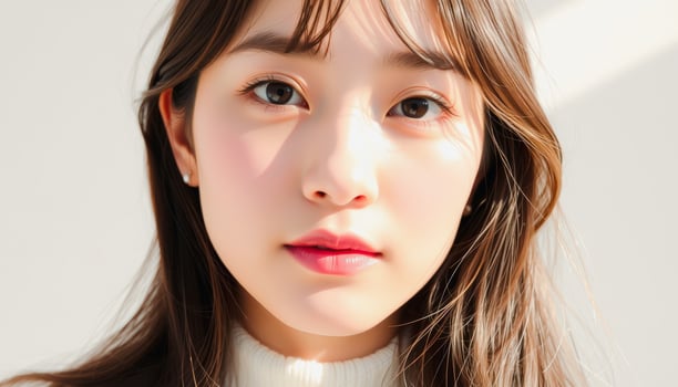 Close-up Portrait of a Young Woman with Soft, Natural Makeup and a Warm Glow photo