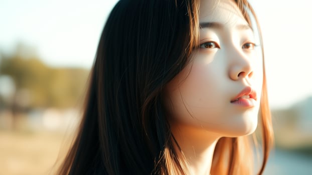 Close-up portrait of young woman with long dark hair, looking away photo