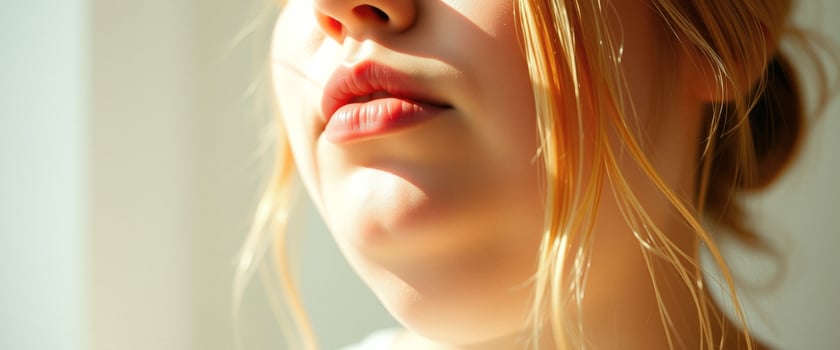 Close-up of Woman's Lips and Blonde Hair in Sunlight photo