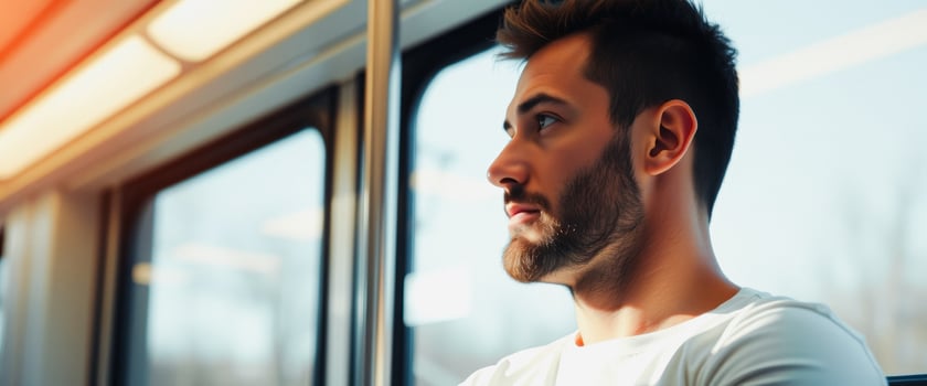 Young Man Looking Out Train Window photo