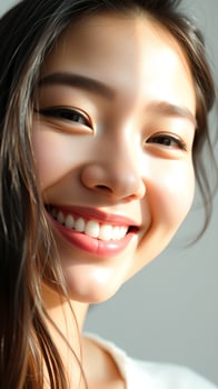 Close-up portrait of a young woman smiling with beautiful skin photo