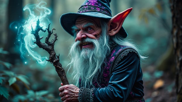 Elderly Elf Wizard Holding a Magic Staff photo