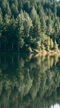 Evergreen Trees Reflected in Still Water photo